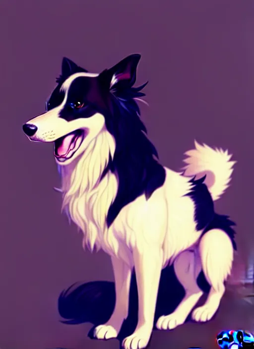 Image similar to wide angle beautiful full body portrait of a cute male anthropomorphic anthro border collie fursona looking directly at you, character design by charlie bowater, henry asencio, and ross tran, furry art, furaffinity, beautiful, glamor pose, detailed, aesthetic, trending on artstation