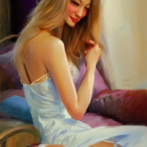 Image similar to blonde wife undressing, painting by Vladimir Volegov