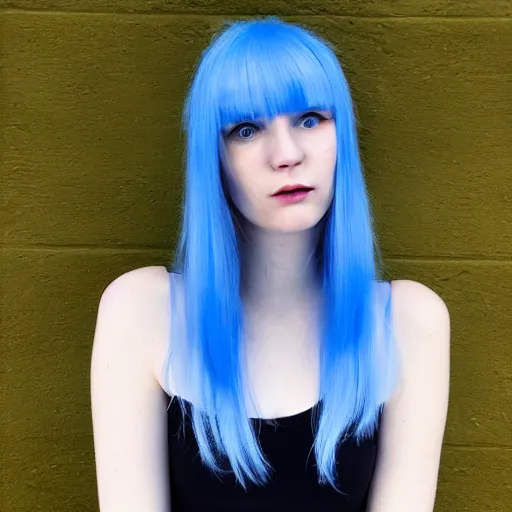 Image similar to a pale girl with blue hair, fringe, soft facial features, looking directly at the camera, neutral expression, instagram picture