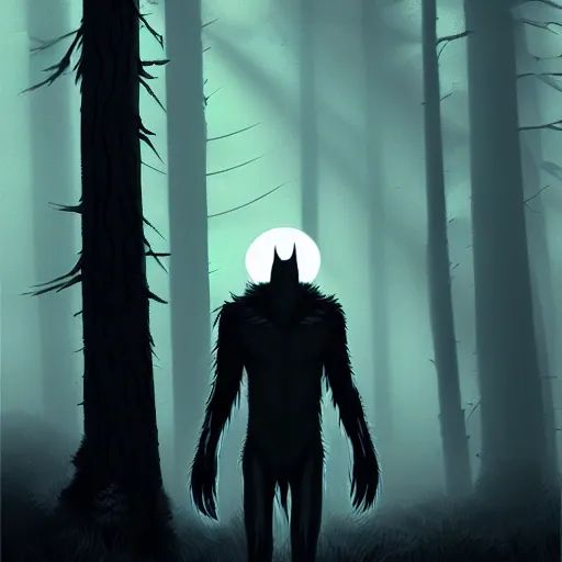 Image similar to in the style of artgerm, peter mohrbacker, rafael albuquerque, wendigo in the forest emerging from the shadows, fog, full moon, moody lighting