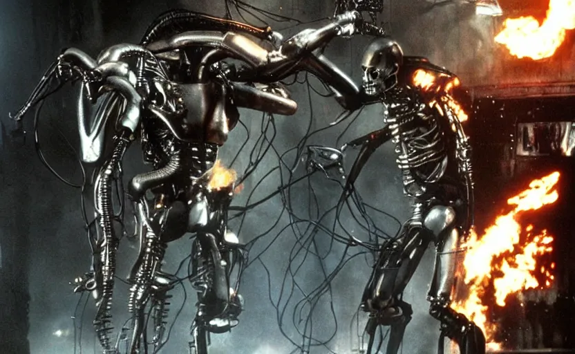 Prompt: terminator vs alien vs predator vfx film hd