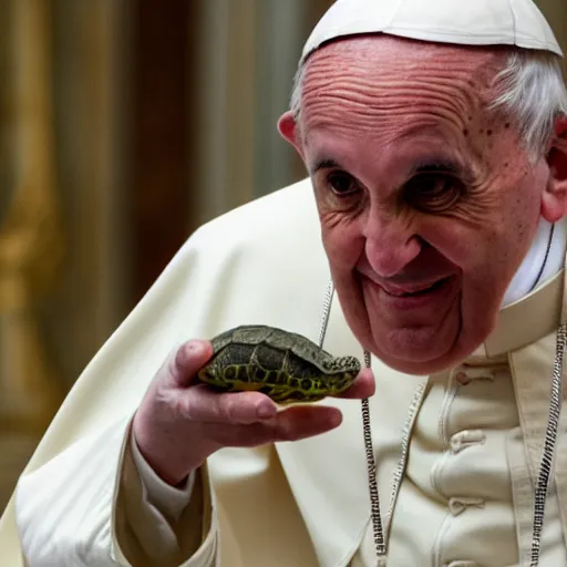 Image similar to the pope playing with his new pet turtle, photography, 8k hd resolution