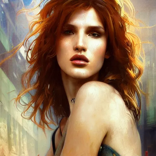 Image similar to bella thorne, hyperrealistic portrait, bladerunner street, art of elysium by frank frazetta and jeremy mann and alphonse mucha, fantasy art, photo realistic, dynamic lighting, artstation, poster, volumetric lighting, very detailed face, 4 k, award winning