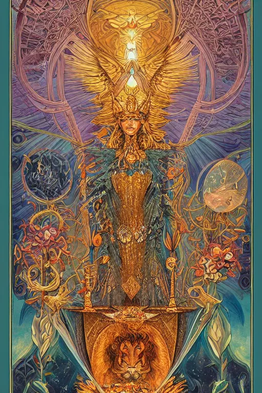 Prompt: beautiful tarot card of the queen of dreams by carol bak and jacek yerka and dan mumford and alex gray and victo ngai, oil on canvas, intricate border, symmetrical, 8k highly professionally detailed, HDR, CGsociety