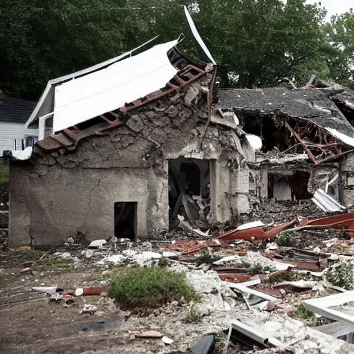 Prompt: an old village house, in the ground a large funnel from the explosion, around people take pictures of this funnel