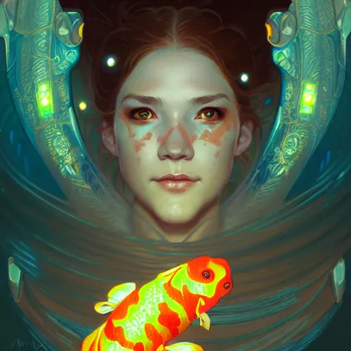 Image similar to Portrait of a cyborg girl surrounded by glowing Koi fish, face, fantasy, intricate, elegant, highly detailed, digital painting, artstation, concept art, smooth, sharp focus, illustration, art by Krenz Cushart and Artem Demura and alphonse mucha