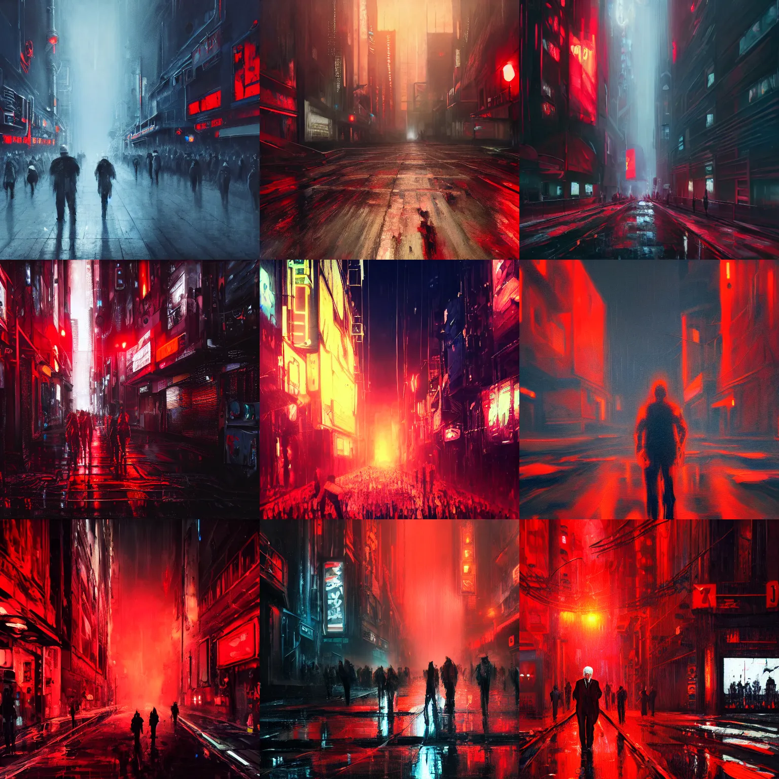Prompt: a dark street with hordes of wandering people red lights cybernetic joe biden's face hovering over the unwashed masses, dystopian, cyberpunk, dripping oil paint, thick brushstrokes, abstracted painterly techniques, high resolution, unreal 5, 8 k