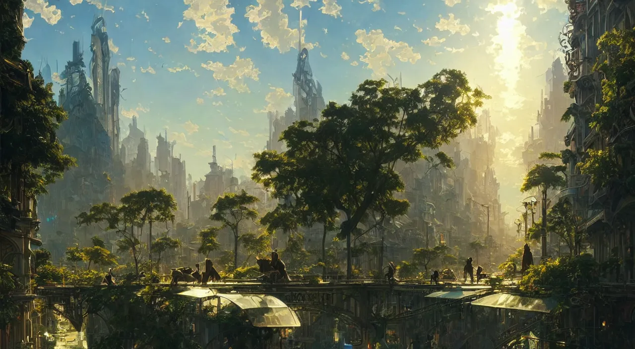 Image similar to gorgeous solarpunk city with happy people and animals, lots of beautiful trees, happy scenes, late afternoon light, wispy clouds in a blue sky, unreal engine, intricate, highly detailed, elegant, trending on artstation, sharp focus, cinematic lighting, art by greg rutkowski and alphonse mucha