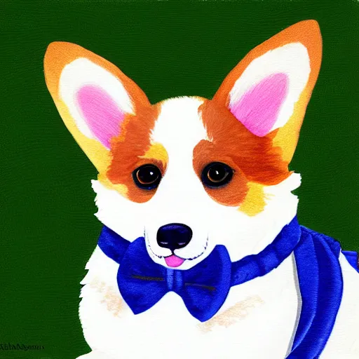 Image similar to A cute corgi wearing a bow tie, digital painting