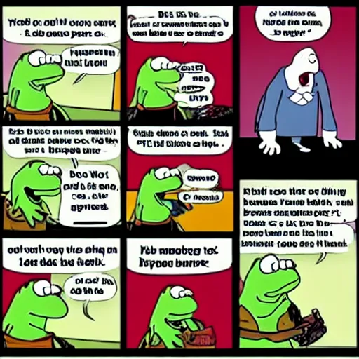 Prompt: Kermit appears in Dilbert comic strip