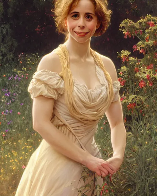 Prompt: a portrait painting of dana plato / eve plumb / cristin milioti hybrid oil painting, gentle expression, smiling, elegant clothing, scenic background, extremely detailed and lifelike, artgerm, greg rutkowski, alphonse mucha, vladimir volegov, adolphe bouguereaum, greg hildebrandt