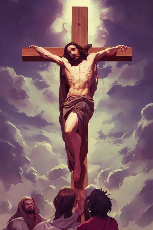 Image similar to jesus on an upside down cross by artgerm, tooth wu, dan mumford, beeple, wlop, rossdraws, james jean, marc simonetti, artstation giuseppe dangelico pino and michael garmash and rob rey and greg manchess and huang guangjian and makoto shinkai