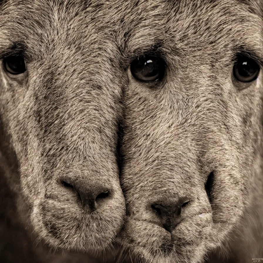 Image similar to the face of a mammal, portrait, photography, perfectly symmetrical face