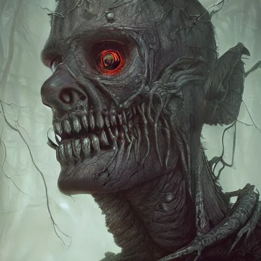 Prompt: a beautiful detailed 3d matte face center close-up painting of mid-century 1900s necronomicon creature demo in a hell forest fog, character design,deviant art, octane render, unreal engine, by tomasz alen kopera,ellen jewett