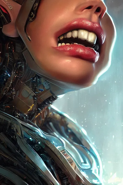 Image similar to attractive female i robot sticking out the tongue, seven deadly sins, close - up portrait, intricate, elegant, volumetric lighting, scenery, digital painting, highly detailed, artstation, sharp focus, illustration, concept art, luis rollo, ruan jia, steve mccurry, john berkey