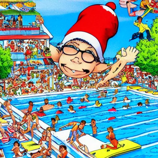 Image similar to where's waldo book page highly detailed, swimming pool setting