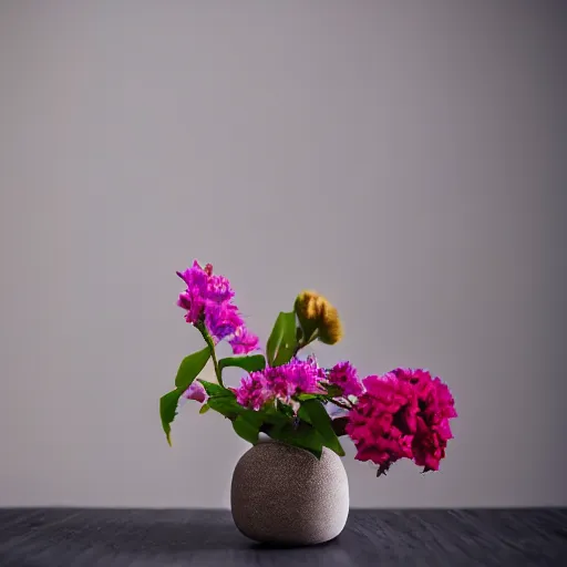 Image similar to a photo of 8k Ikebana in flower vase, sougetsu, wide angle, full body, sony a7r3, ultra detail, photorealistic, in simple background