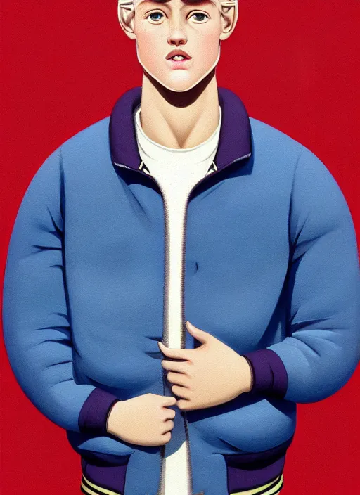 Image similar to portrait of a high school senior boy named moose mason, blonde short hair, jock, beefy, square jaw, square facial structure, 1 9 5 0 s, blue varsity jacket, intricate, elegant, glowing lights, highly detailed, digital painting, artstation, concept art, smooth, sharp focus, illustration, art by wlop, mars ravelo and greg rutkowski