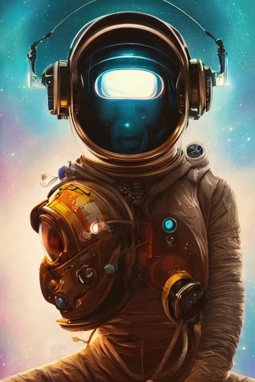 Prompt: a poster design of a close portrait faceless cyberpunk astronaut wearing headphones in space, universe, cyberpunk, warm color, Highly detailed labeled, poster, peter mohrbacher, featured on Artstation