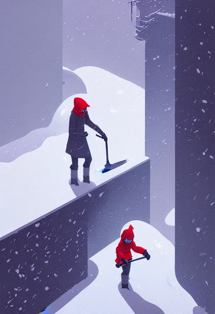 Image similar to by moebius and atey ghailan | a person barely visible shoveling snow in a blizzard |