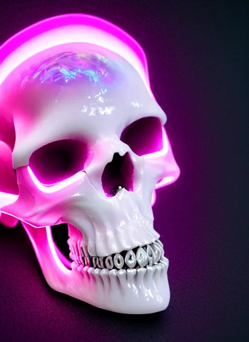 Image similar to photo of fullbodied baroque and bladerunner delicate neon diamond sculpture of seductive onyx albino marble prince kai harvatz dotado pink iridescent skull psychedelic, reclining, glowing magenta face, crown of white diamonds, cinematic lighting, photorealistic, octane render 8 k depth of field 3 d