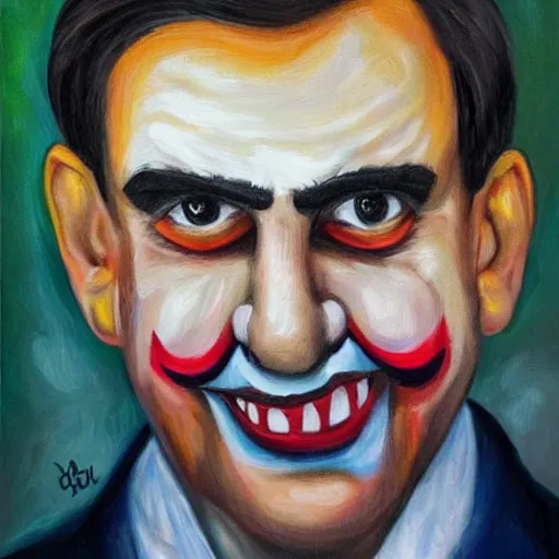 Prompt: oil canvas of jair bolsonaro as a sad clown