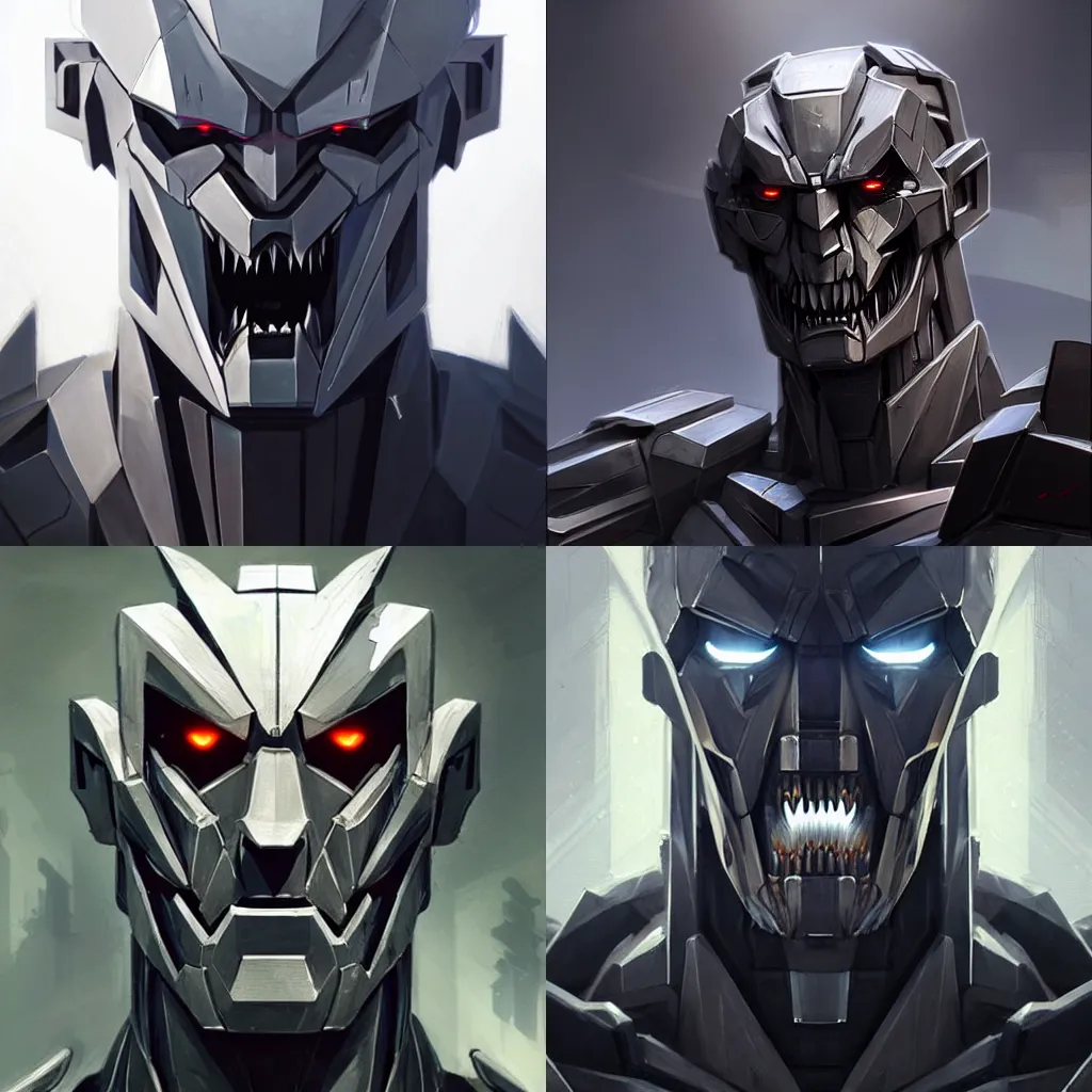 Prompt: Portrait of G1 Megatron (silver angular humanoid face and handsome!!) Snarling, concept art, by Greg Rutkowski, very detailed, Artstation, brave Police J Decker face, Giant Anime Mecha