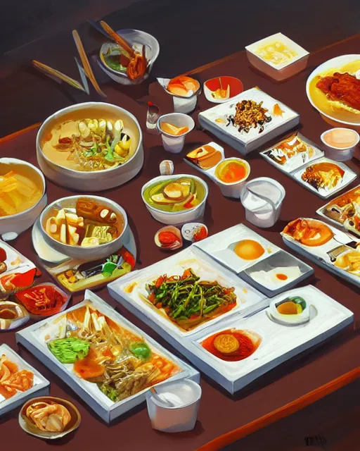 Image similar to a painting of a table full of korean foods, concept art by taro yamamoto, pixiv contest winner, auto - destructive art, official art, concept art, pixiv