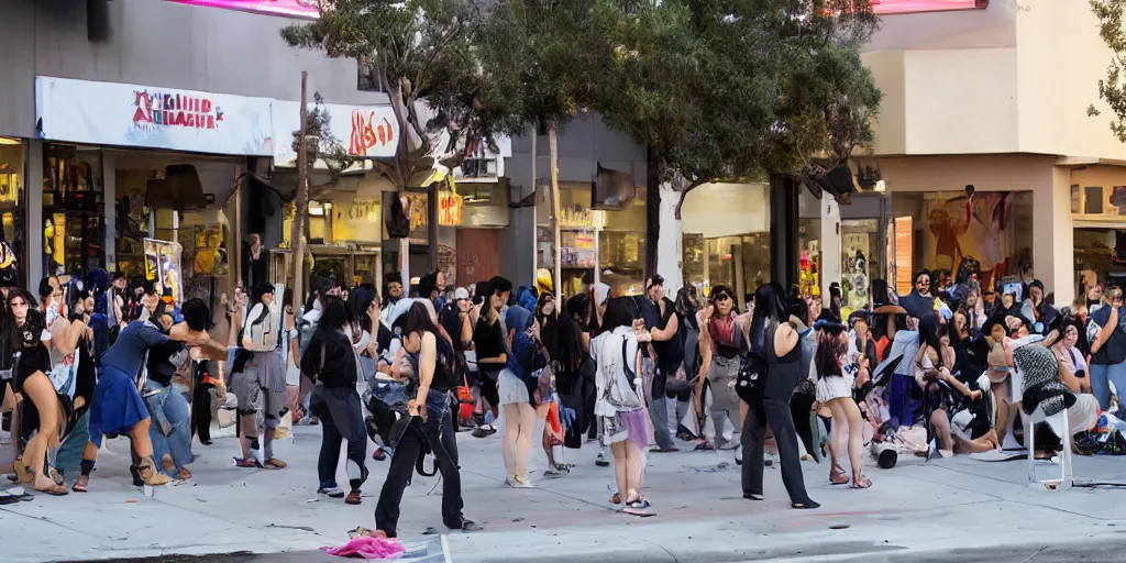 Image similar to crowd of crazy people with posters attack cosplayers in front of stores in los angeles with light screens all over the street, photorealism, professional lighting, lantern lighting, japanese chill photos, conceptual art