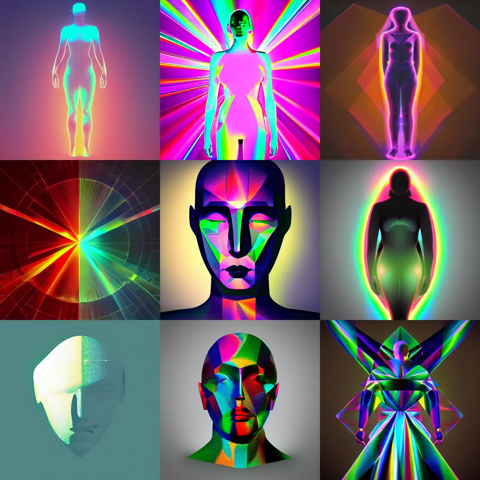 Prompt: “Prism in the shape of a human figure, light beam refraction, epic, 4k, featured on Behance”