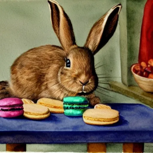 Image similar to a rabbit posing with cookies and macaroons in a kitchen, watercolour realism