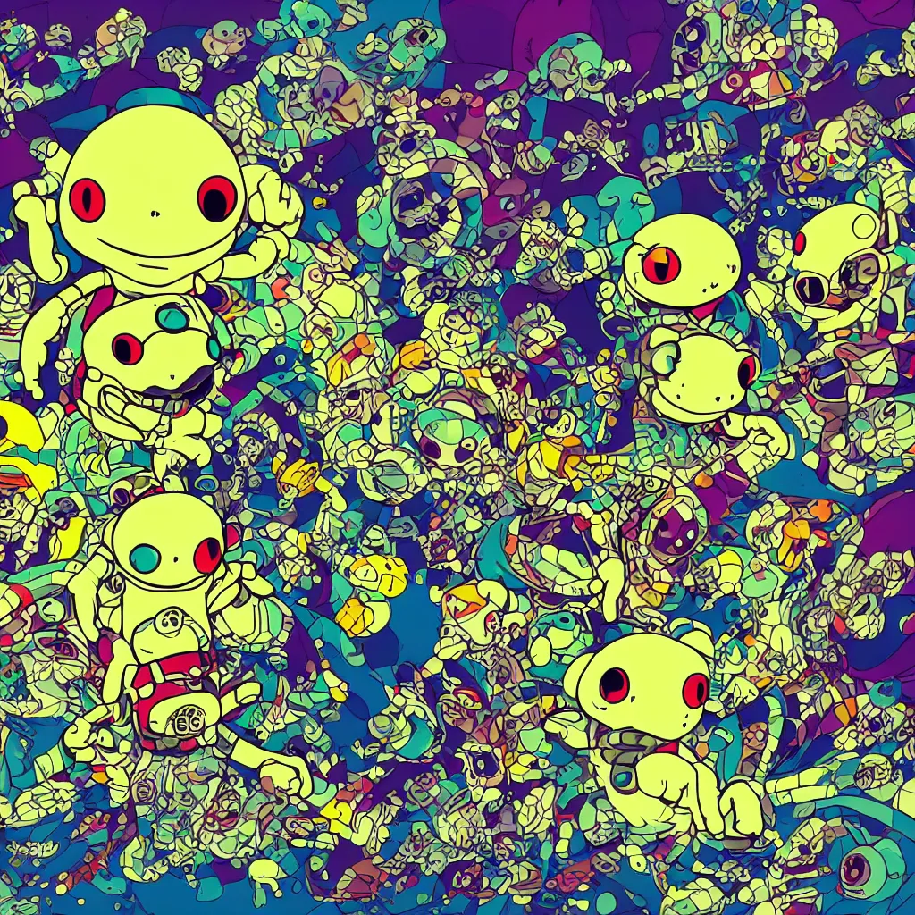 Image similar to toads, frogs, ryuta ueda artwork, breakcore, style of jet set radio, y 2 k, gloom, space, cel - shaded art style, indigo rainbow, data, minimal, takashi murakami artwork, code, cybernetic, dark, eerie, cyber