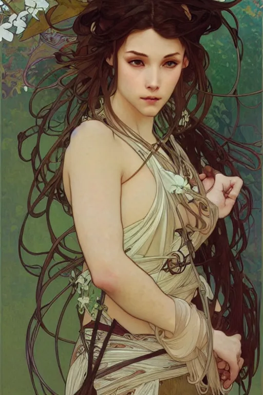 Image similar to realistic detailed portrait of a very beautiful ninja girl by alphonse mucha, charlie bowater, flowing wires with leaves, artgerm
