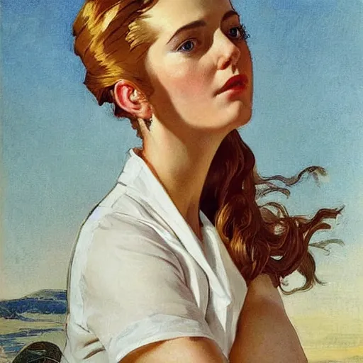 Image similar to epic portrait an nurse in a white dress and short sleeves, beautiful, shiny skin, wet flowing hair, made by j. c. leyendecker