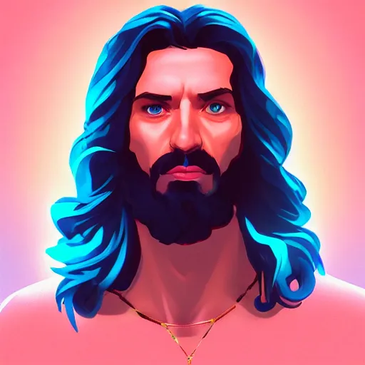 Image similar to portrait of jesus christ as a glam rockstar, mattepainting concept blizzard pixar maya engine on stylized background splash comics global illumination lighting artstation lois van baarle, ilya kuvshinov, rossdraws