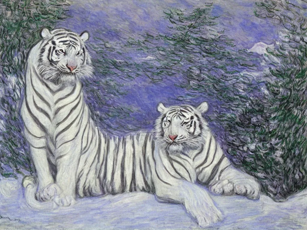 Image similar to a white tiger on a snowy mountain, painted by monet