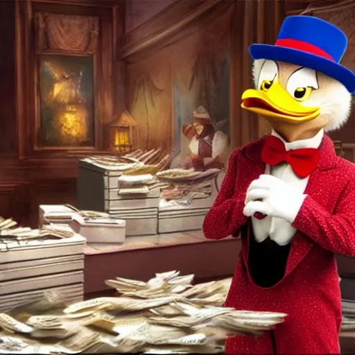 Image similar to hyperrealistic cgi Scrooge McDuck from Ducktales live-action movie still 8k hdr amazing lighting