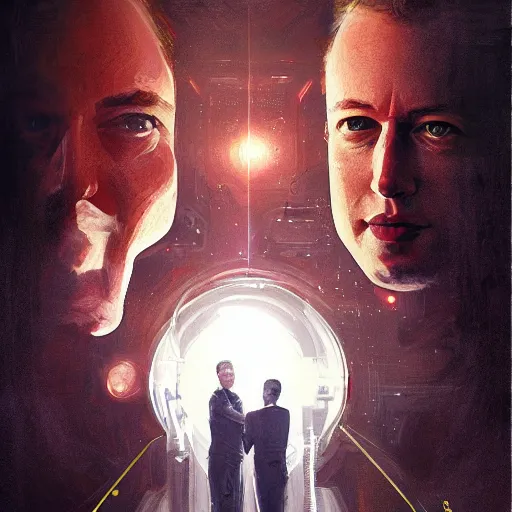 Image similar to portrait of elon musk, mark zuckerberg and jeff bezos together, together, very detailled, art contest winner on behance, trendy on deviant art, by by artgem, greg rutkowski