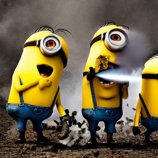 Image similar to minions firing a 8 5 mm mortar, debris and dirt flying, smoke, war photography