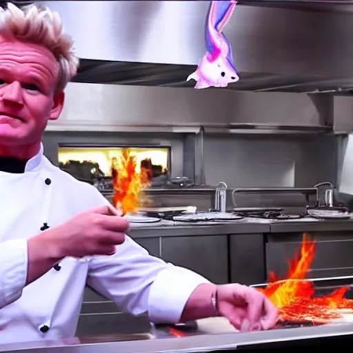 Image similar to hyper real Gordon Ramsey cooking a unicorn in kitchen 4k