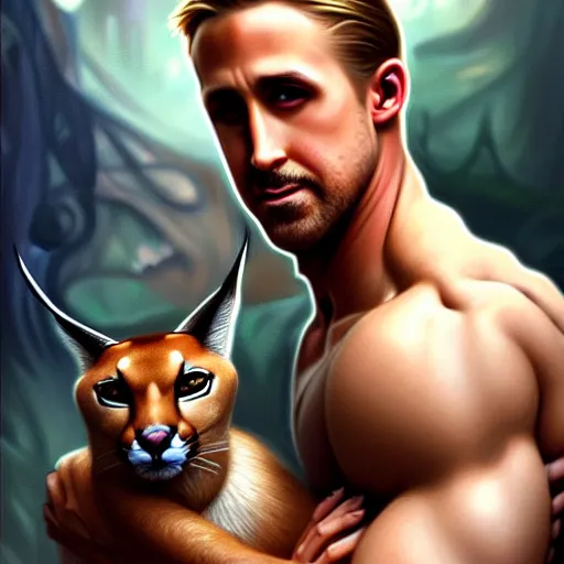 Image similar to Muscular Ryan Gosling holding cute caracal, portrait, sci-fi, fantasy, intricate, elegant, highly detailed, digital painting, artstation, concept art, smooth, sharp focus, illustration, art by artgerm and greg rutkowski and alphonse mucha