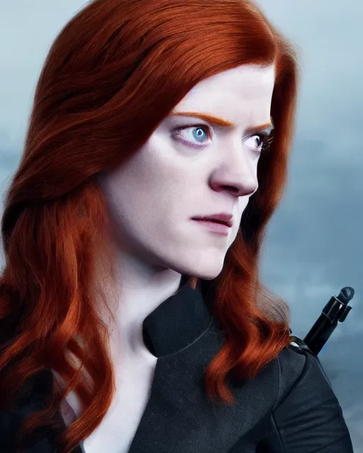 Image similar to rose leslie portraying a beautiful mara jade from star wars legends, beautiful rose leslie mara jade, in a black suit, without lightsaber, movie, hyper realistic, hollywood promotional image, imax, 8 k