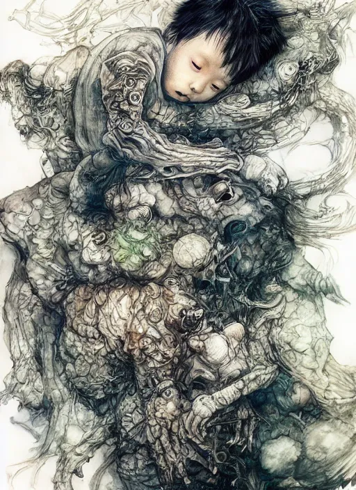 Image similar to nightmare Monsters spilling out of a Childs dreams as he sleeps , watercolor, pen and ink, intricate line drawings, by Yoshitaka Amano, Ruan Jia, Kentaro Miura, Artgerm,