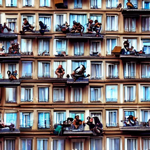 Prompt: some dwarfs are making some backward somersault from a balcony, close up photography