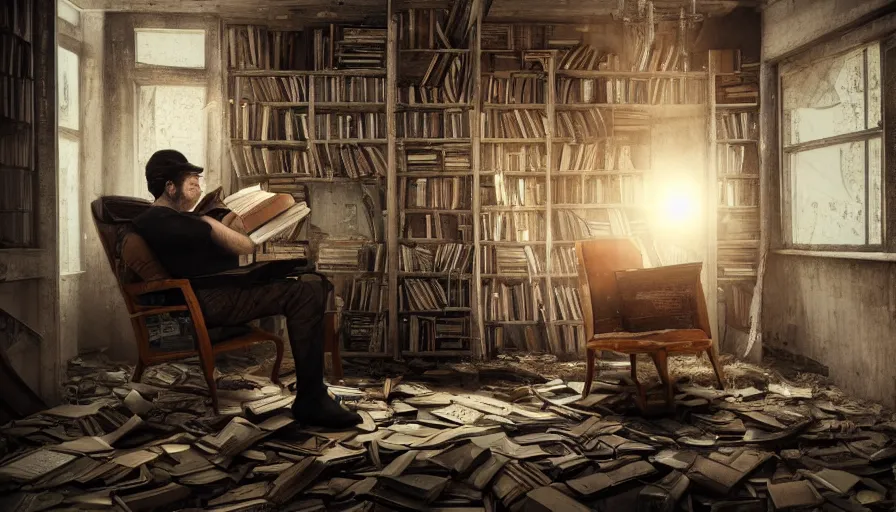 Prompt: Man reading books on a chair in an abandoned attic with a old wooden shelf of books, a lot of cobwebs and dust, hyperdetailed, artstation, cgsociety, 8k