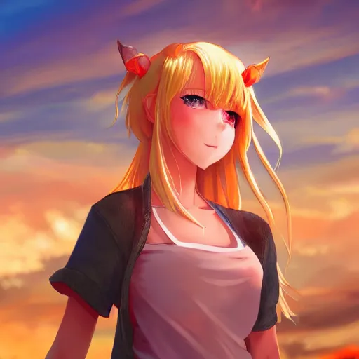 Image similar to blonde - haired princess, anime princess, wearing casual clothing, golden hour, partly cloudy sky, red clouds, orange sky, strong lighting, strong shadows, vivid hues, ultra - realistic, sharp details, subsurface scattering, intricate details, hd anime, 2 0 1 9 anime