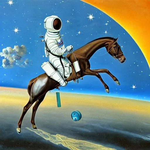 Prompt: a horse on the top, an astronaut on the ground, by dali