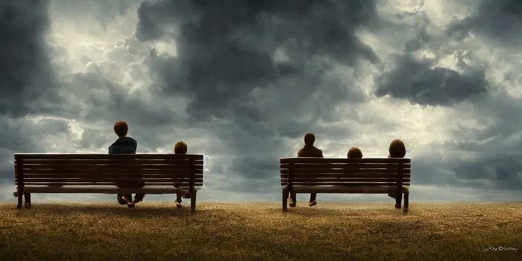 Image similar to a family with sorrow faces sitting on a bench, dramatic sky, close up shot, Greg Rutkowski, dramatic lighting