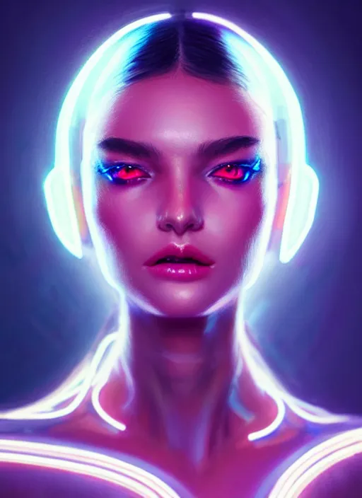 Image similar to portrait of female humanoid in wearable art fashion, intricate, elegant, cyber neon lights, highly detailed, digital photography, artstation, glamor pose, concept art, smooth, sharp focus, art by artgerm and greg rutkowski