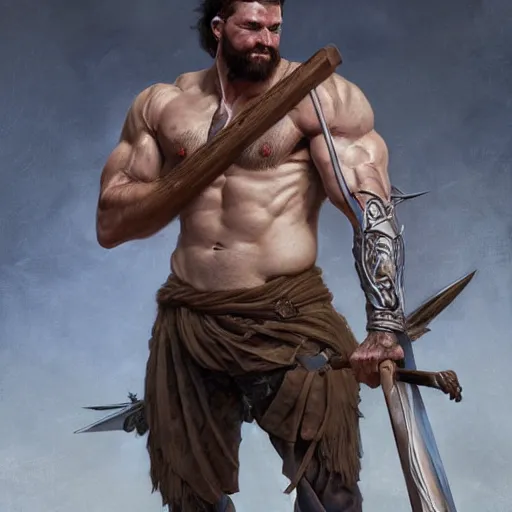 Image similar to portrait of a gruff ranger carrying the holy lance of longinus, Cain, muscular, hairy body, intricate, elegant, highly detailed, digital painting, artstation, concept art, matte, sharp focus, illustration, art by Artgerm and Greg Rutkowski and Alphonse Mucha